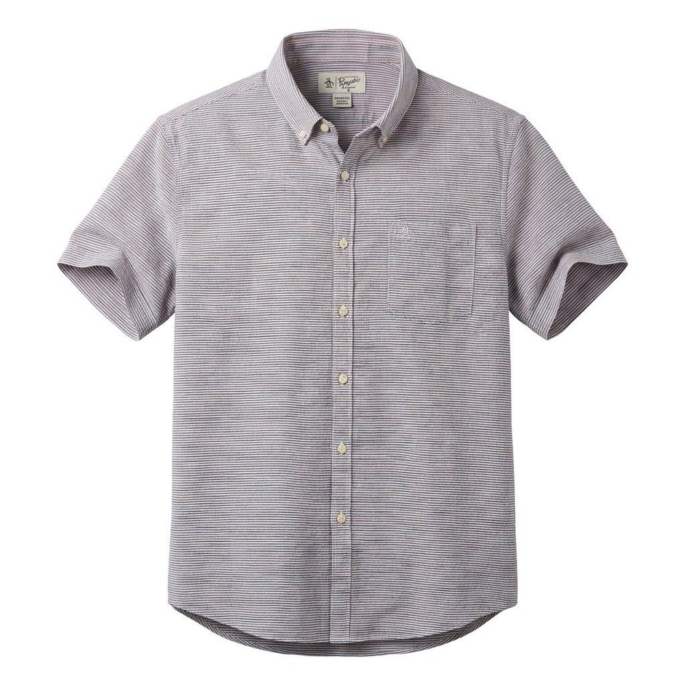 Original Penguin Mens XL Short Sleeve Button Down Shirt Blue Orange Stripe Logo